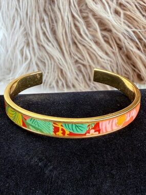 Floral Accent Goldtone Cuff Bracelet - Pink & Green